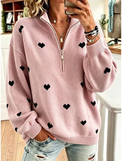 Ilona | Damen Strickpullover mit Herzmuster und Stehkragen