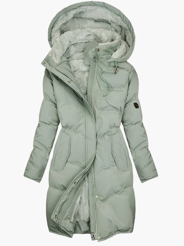 Malin | Langer Winter­mantel mit Fellkapuze für Damen