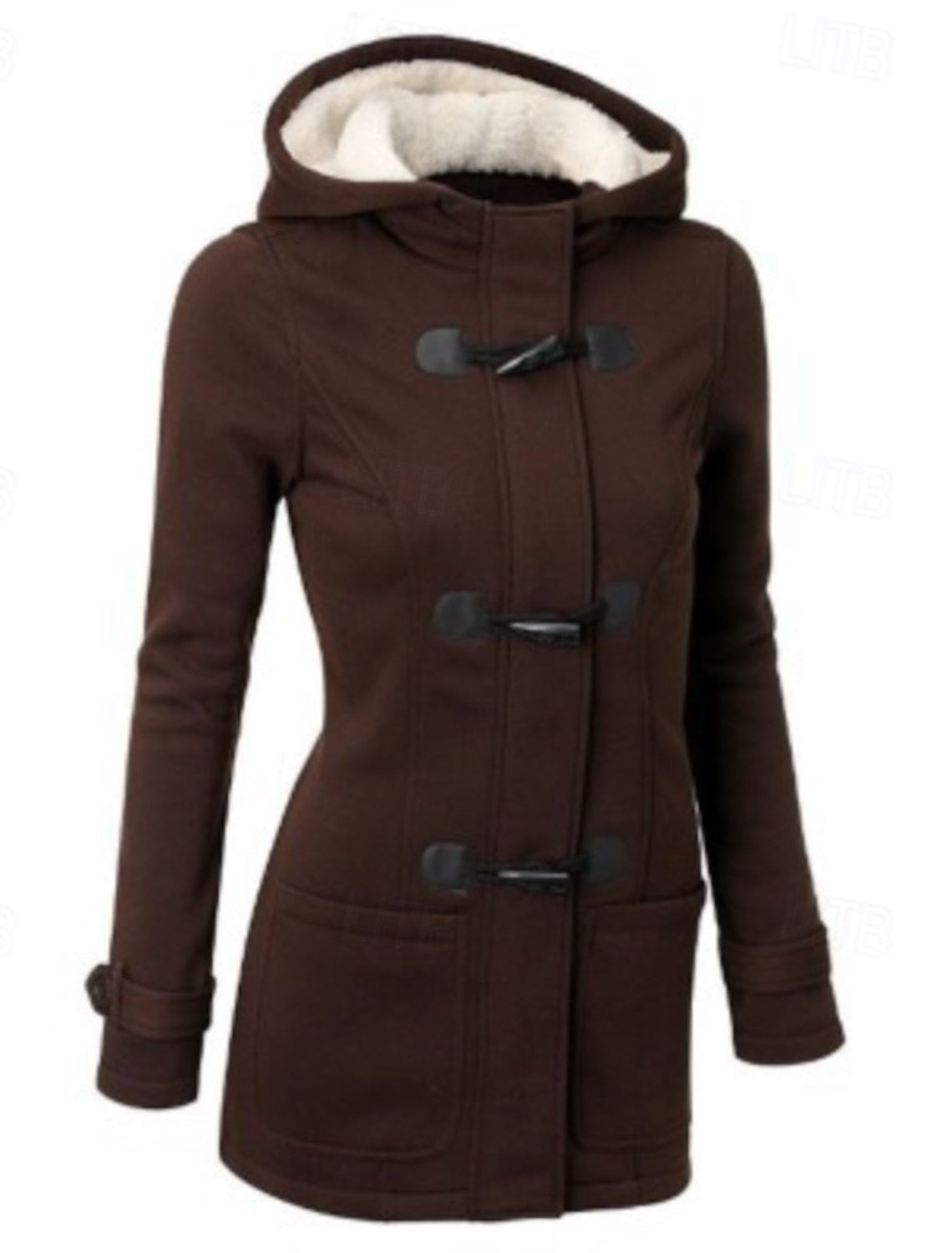 Eva | Winterjacke Damen Kapuze Hornknöpfe Taschen, Schwarz