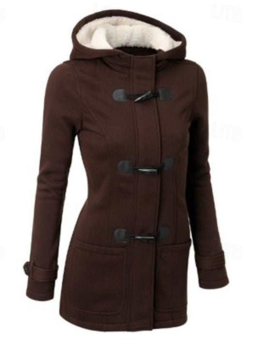 Eva | Winterjacke Damen Kapuze Hornknöpfe Taschen, Schwarz