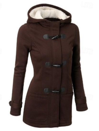 Eva | Winterjacke Damen Kapuze Hornknöpfe Taschen, Schwarz