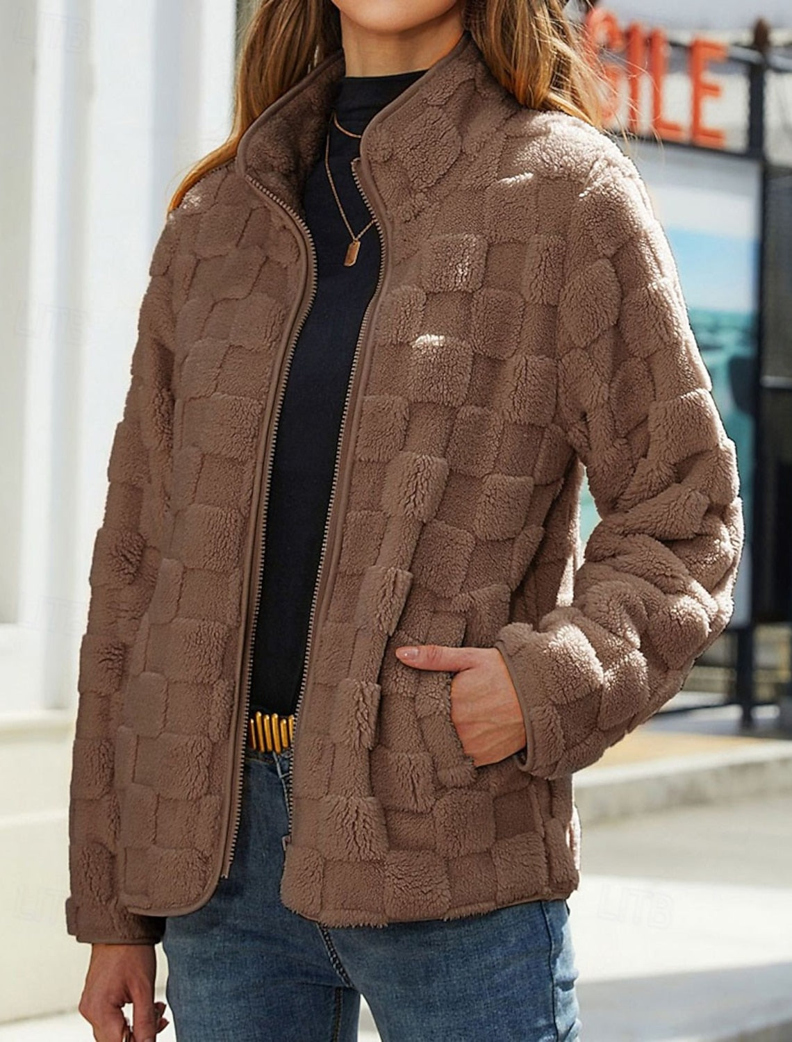 Federica | Winterjacke Damen Teddy Stehkragen Reißverschluss Oversized