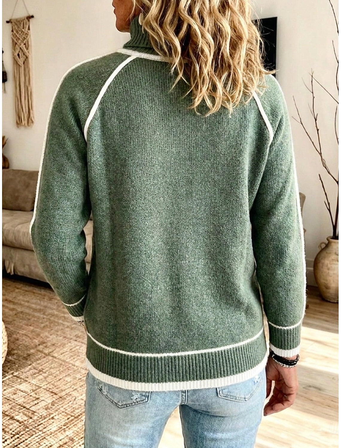 Hillevi | Damen Strickpullover mit Rollkragen und Colorblock, Grün