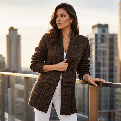 Iris | Strickjacke Damen Wickeloptik mit Knopfleiste und Rundhalsausschnitt