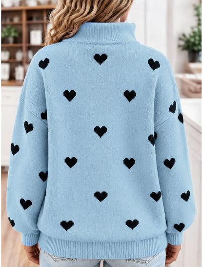 Ilona | Damen Strickpullover mit Herzmuster und Stehkragen