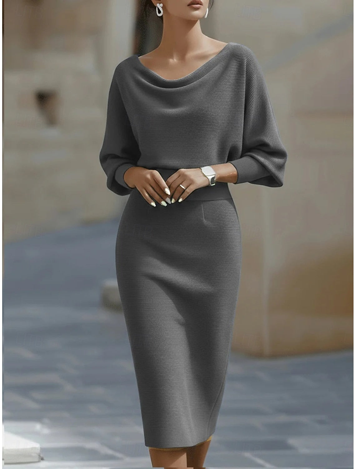 Lisette | Damen Midikleid mit Wasserfallkragen und Langarm