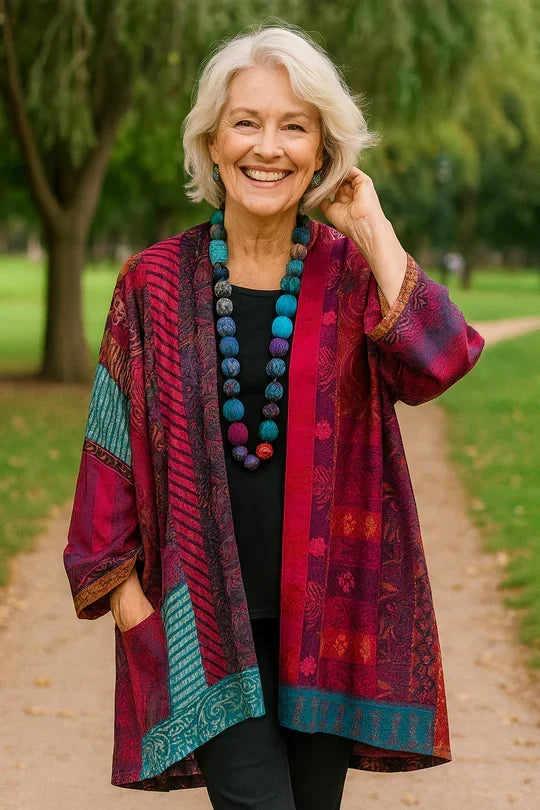 Mireille | Damen Oversized Strickjacke lang mit Patchwork-Muster