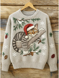 Marlien | Weihnachtspullover Katze Rundhals Strickpullover für Damen