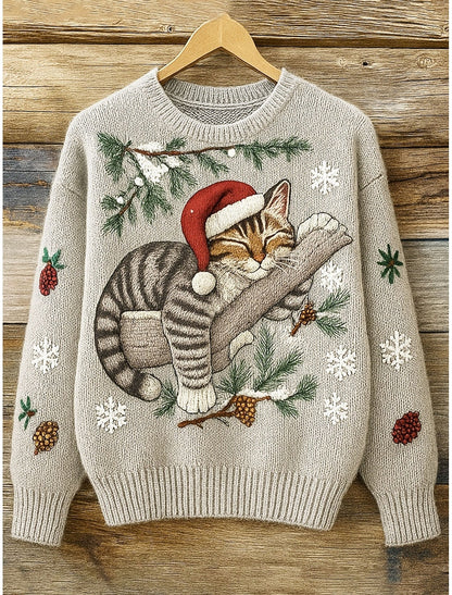 Marlien | Weihnachtspullover Katze Rundhals Strickpullover für Damen