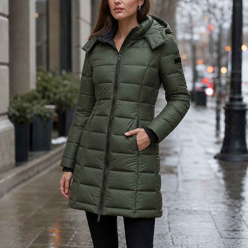 Sierra | Taillierte Midi-Steppjacke mit Kapuze für Damen