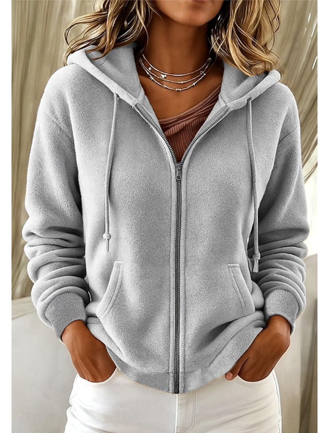 Fabienne | Winterjacke Damen Fleece Kapuze Reißverschluss Oversized