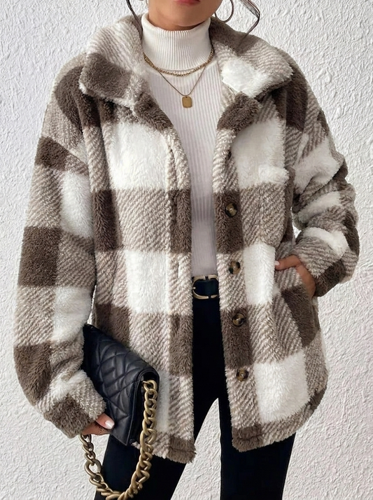 Esther | Karierte Winterjacke mit Kragen und Knopfleiste für Damen