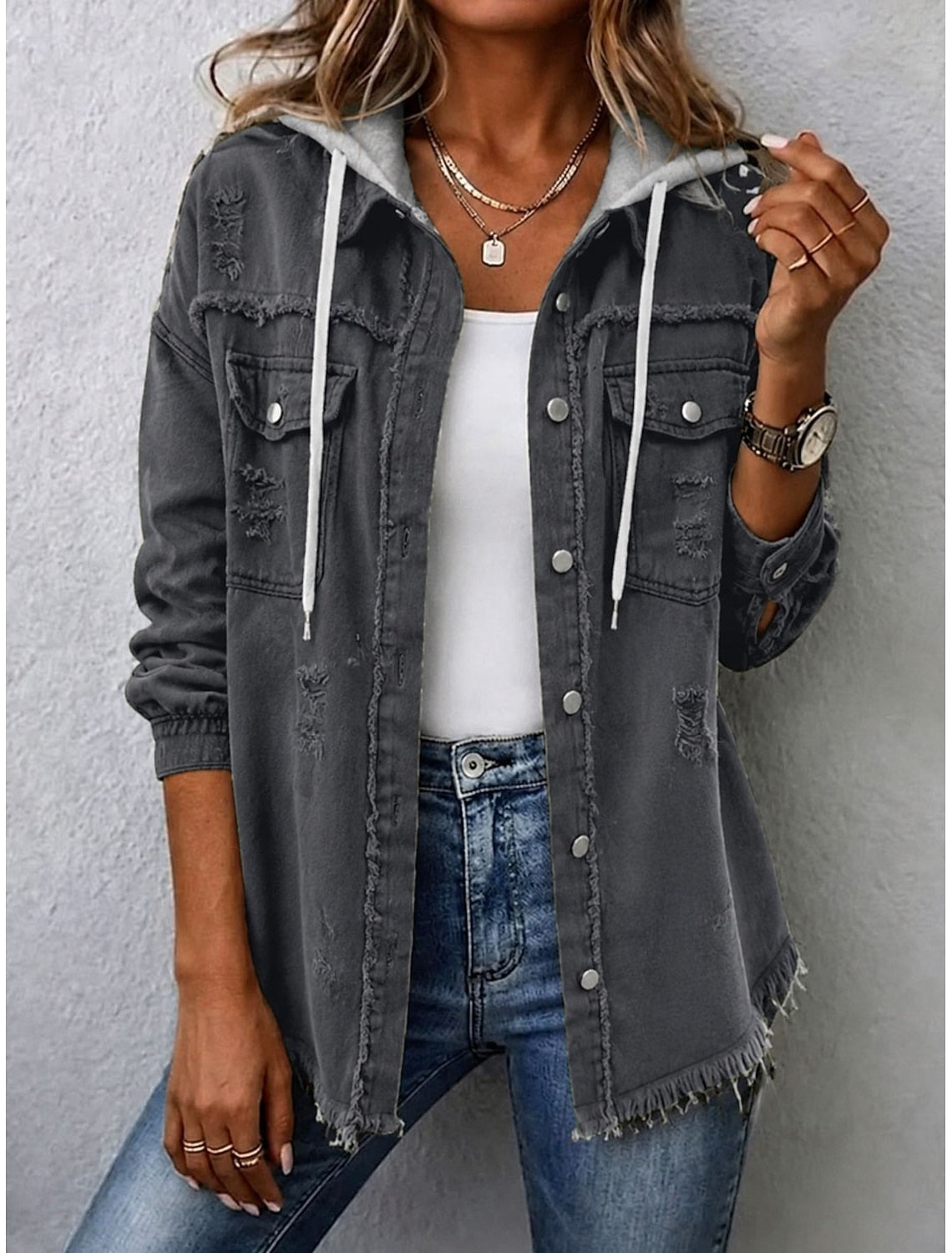 Malina | Damen Übergangsjacke mit Kapuze und Fransensaum