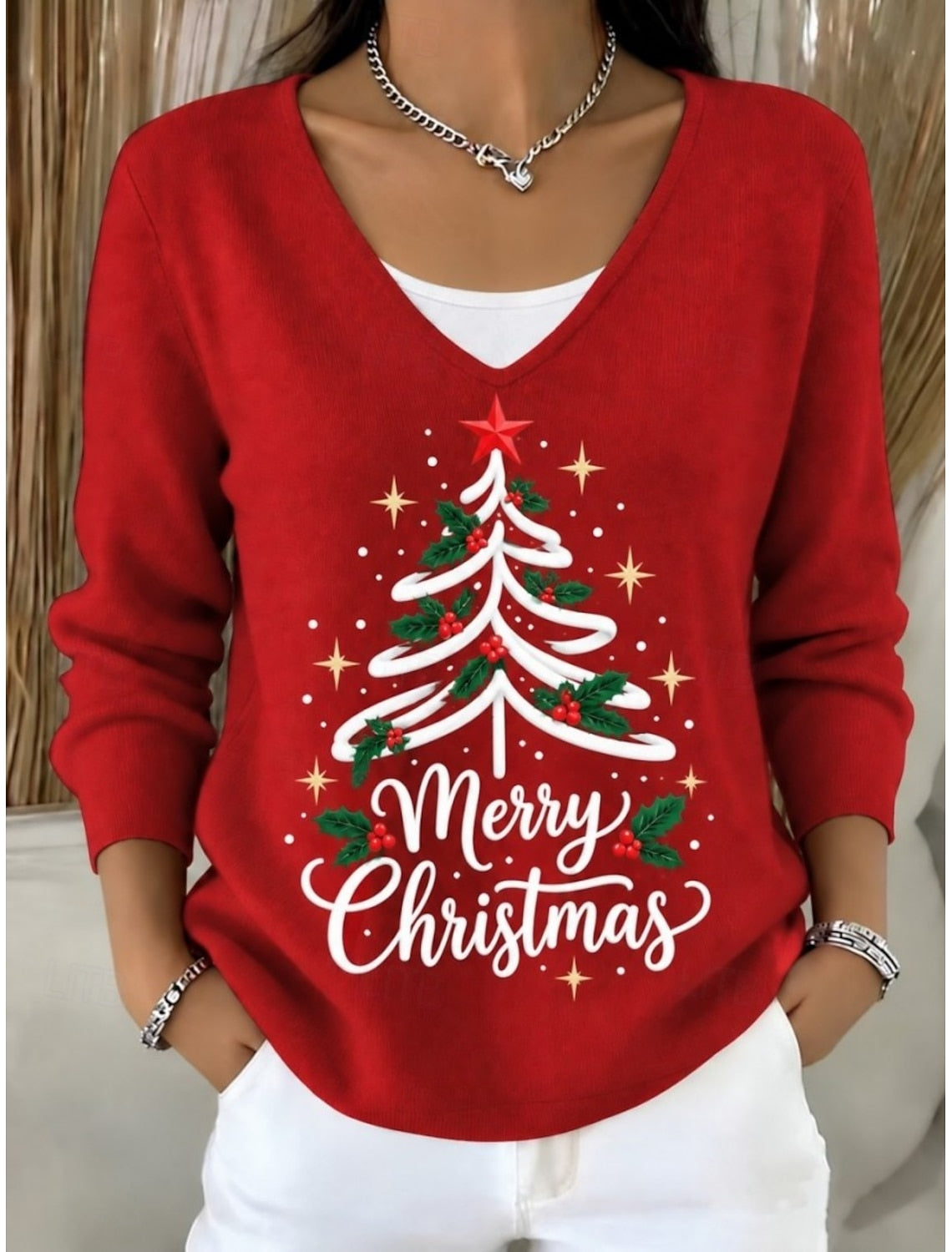 Josette | Weihnachtspullover Damen mit V-Ausschnitt und Knöpfen