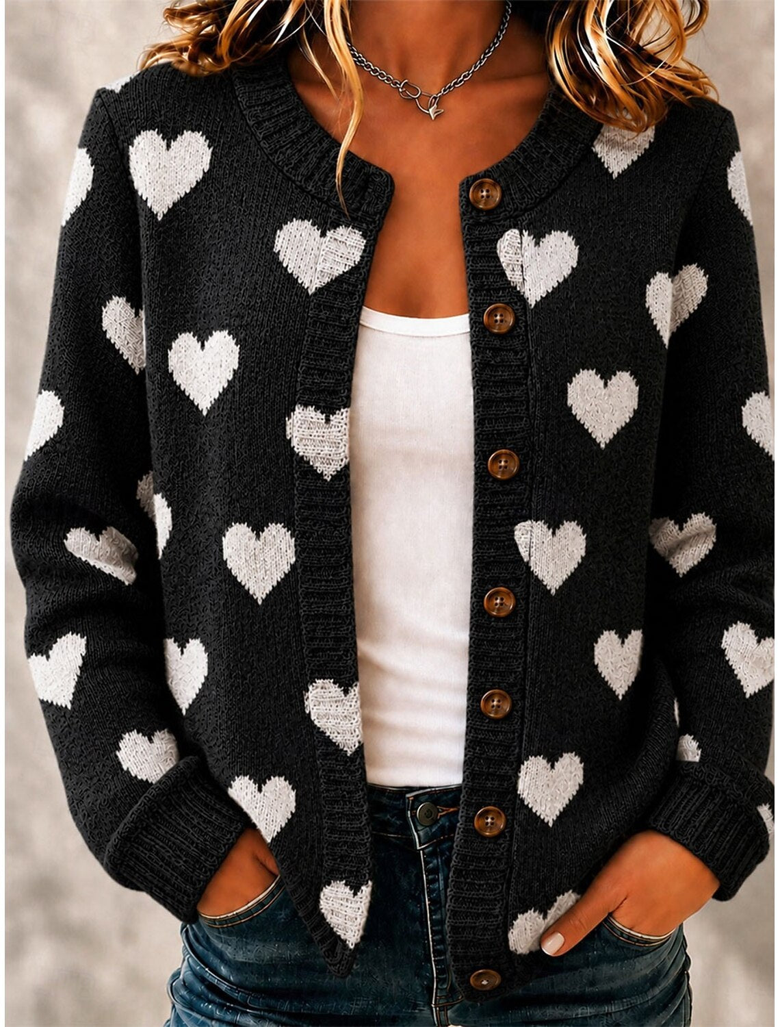 Genevieve | Damen Cardigan Herzmuster Knopfleiste Rundhals