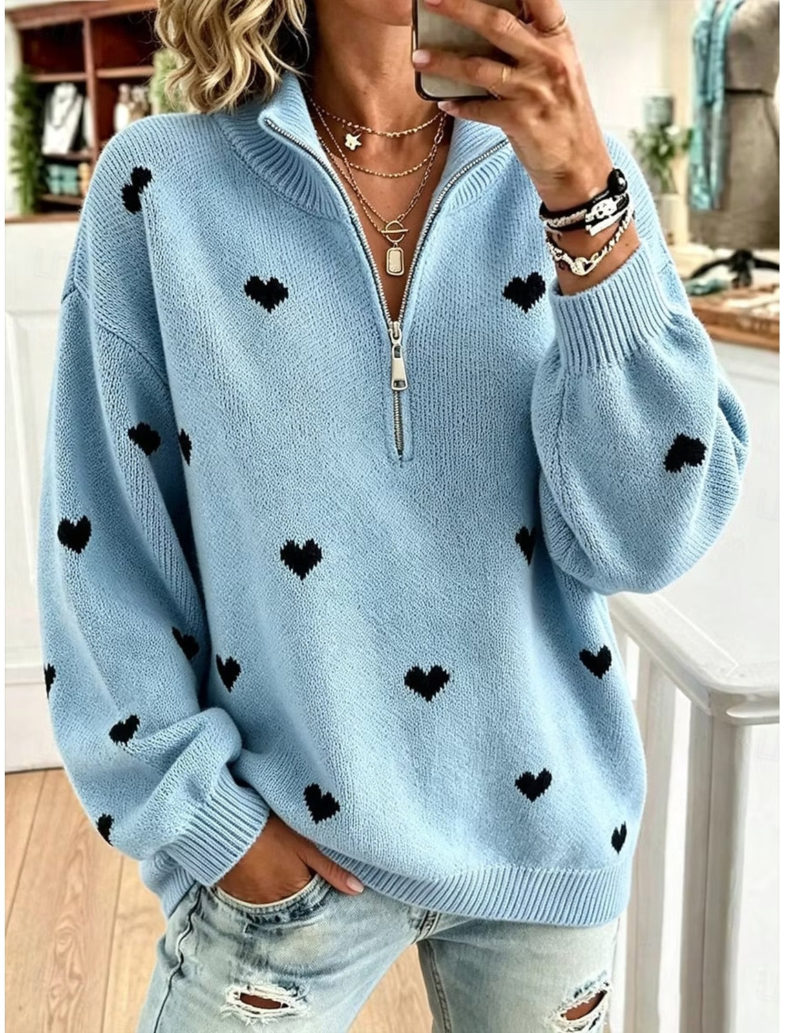 Ilona | Damen Strickpullover mit Herzmuster und Stehkragen