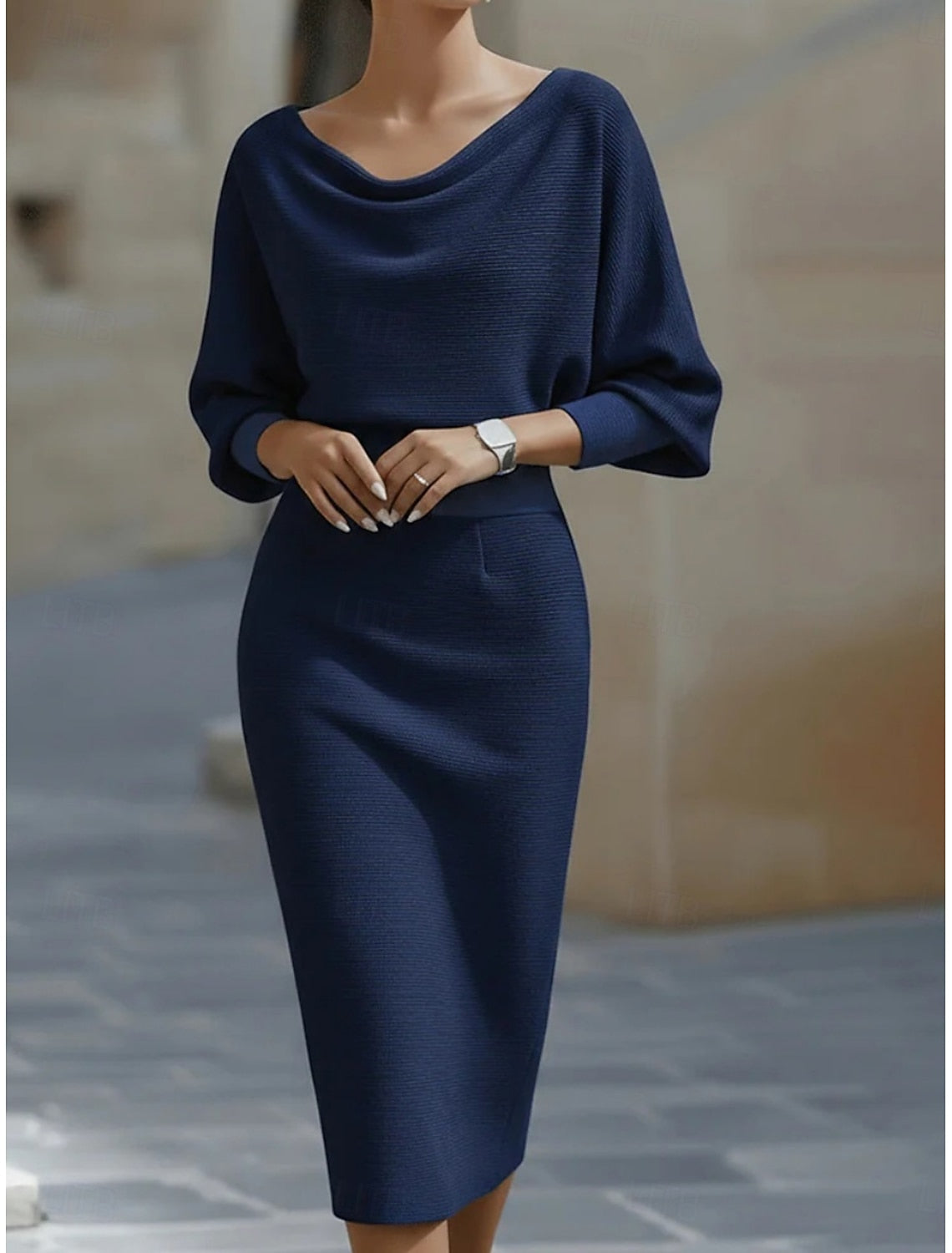 Lisette | Damen Midikleid mit Wasserfallkragen und Langarm