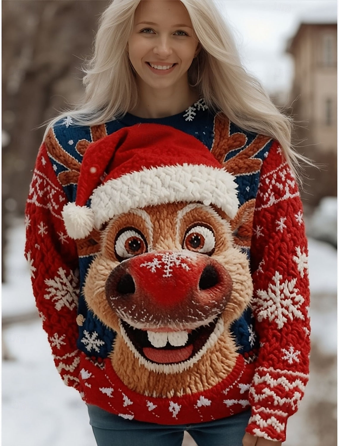 Louna | Weihnachtspullover mit Rentier-Print Rundhals für Damen